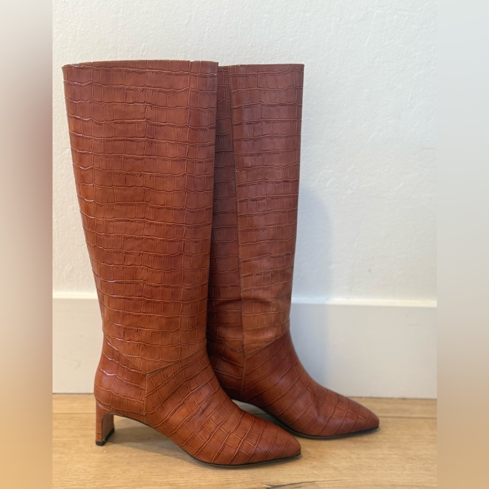 Emerson Fry $450 Tan Croc-Embossed Heeled Boots Lou walking